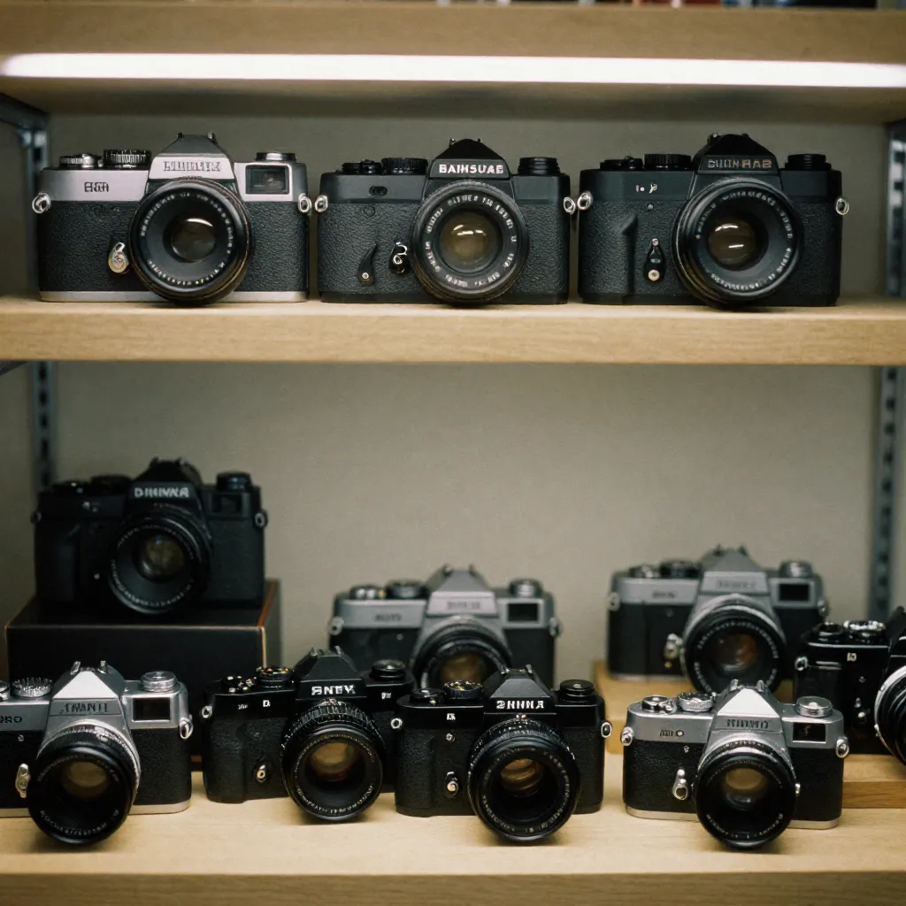 Vintage camera collection display